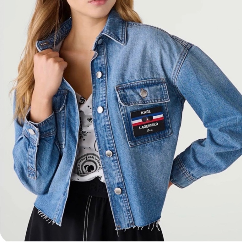 Karl Lagerfeld Paris Women’s Denim Boxy Shirt Jacket Indigo Logo Patch XL